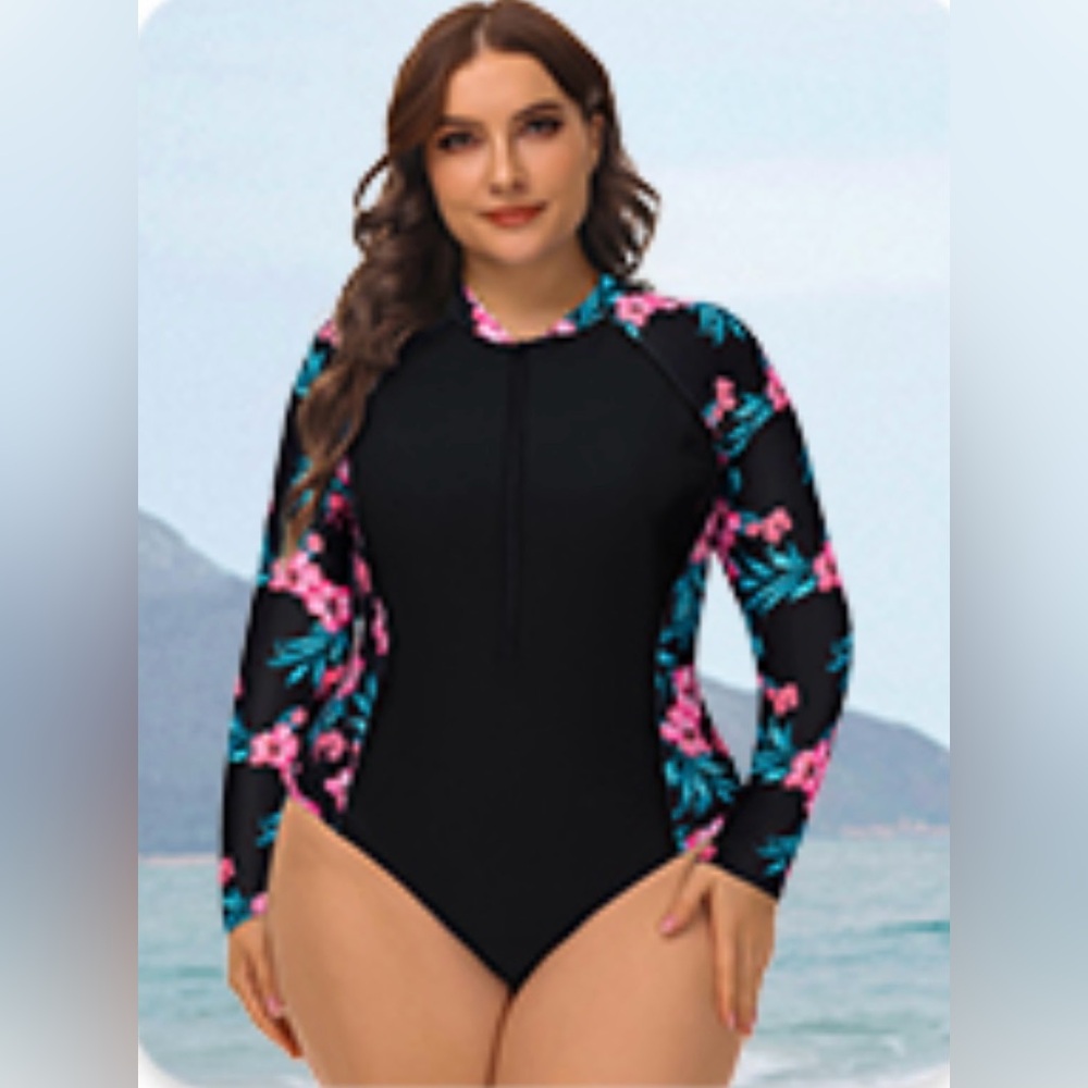 Long Sleeve Black Floral One-Piece Swimsuit - Pink & Teal Accents